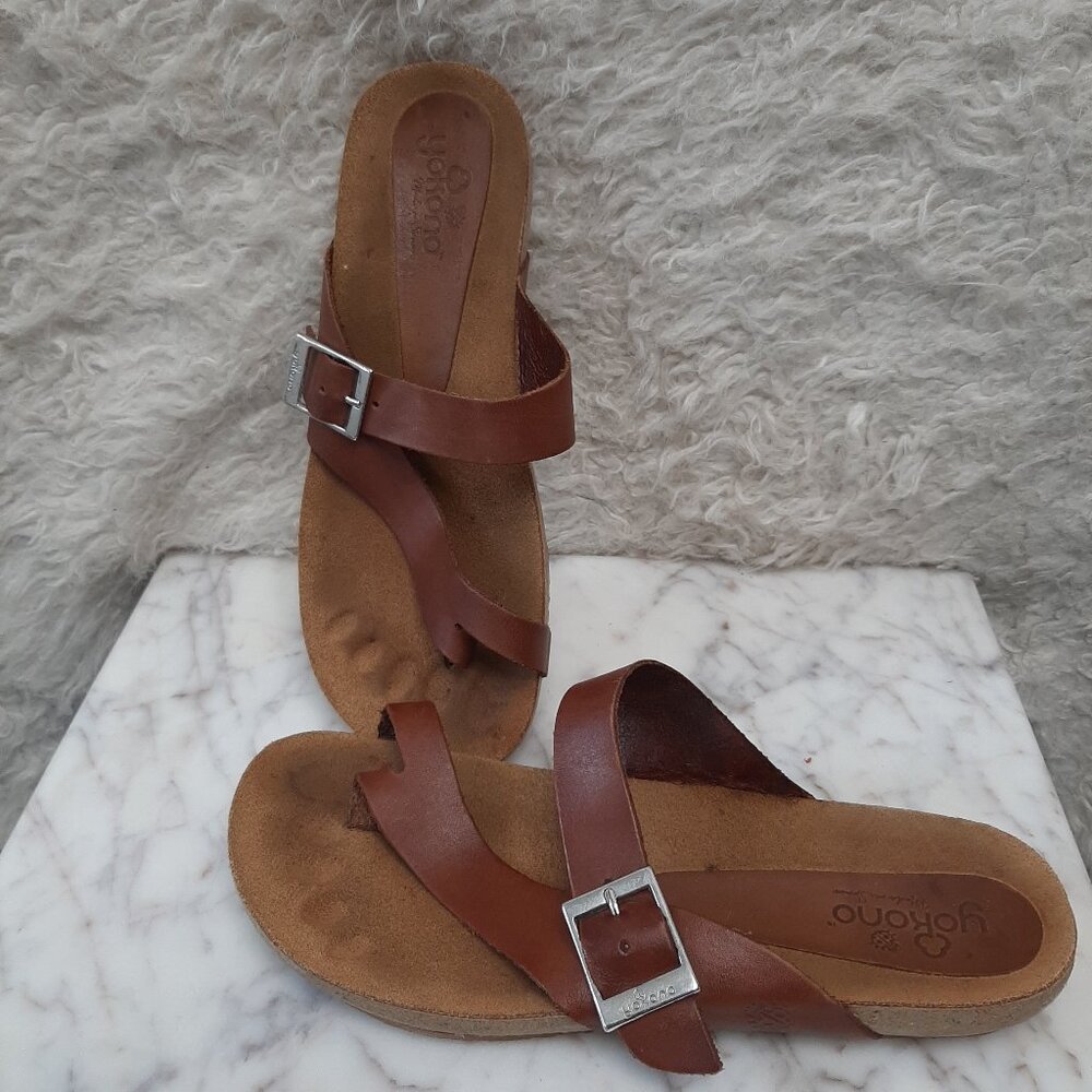 Yokono Women’s Brown Leather Sandals Cork Slides Toe Ring Flip Flop Shoes US 8